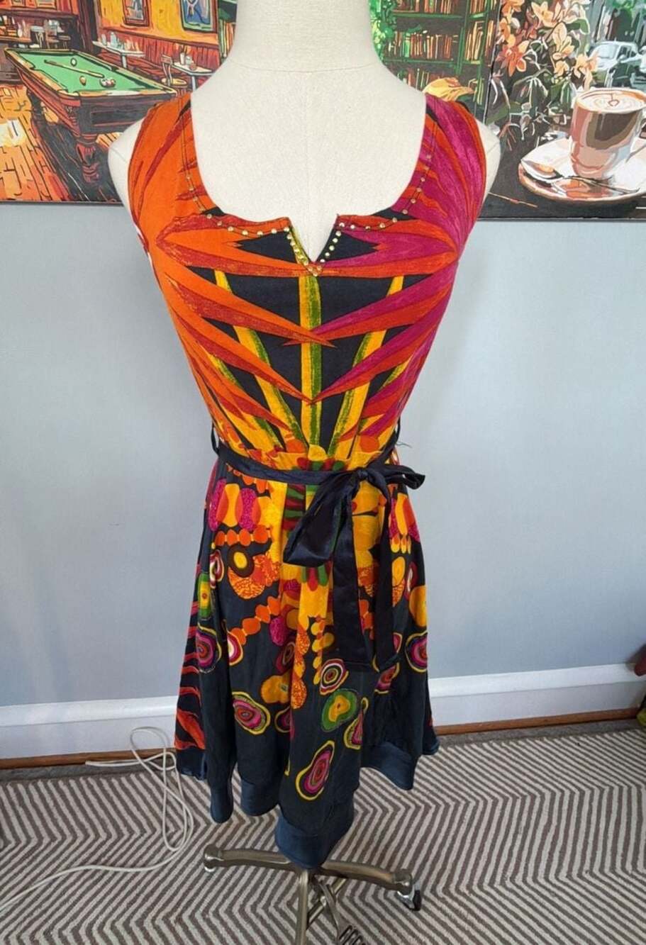 Desigual Sleeveless Abstract Mandala Print Dress with Satin Belt